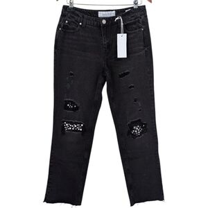 Indigo Rein Black Rhinestone Midrise Straight Jeans Size 9 / 28 NWT